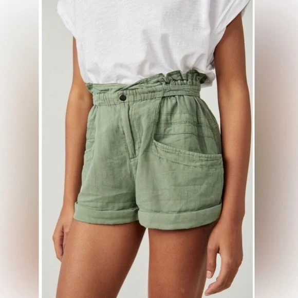 FREE PEOPLE OIL GREEN LINEN - COTTON BLEND SHORTS NWT